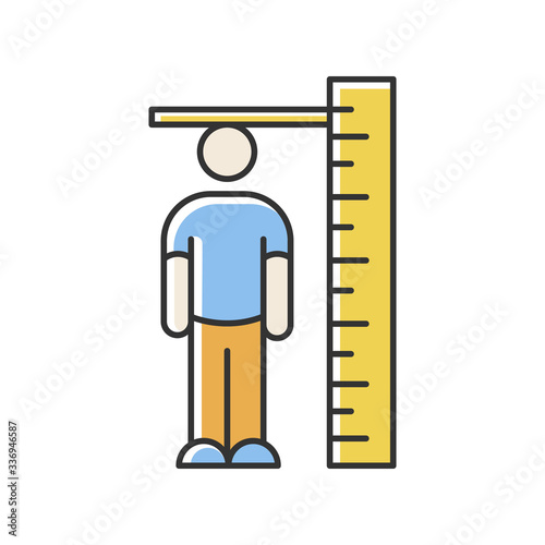 Height measurement RGB color icon. Human body size determination. Tailoring parameters, body growth. Person standing near huge ruler isolated vector illustration