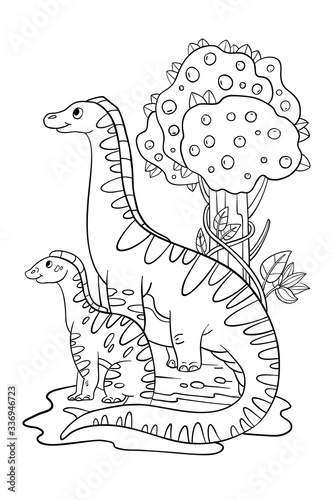Vector stock coloring book with cute dino mom and her baby. Hand drawn doodle illustration with two sauropods and prehistoric plants. Game for kids.