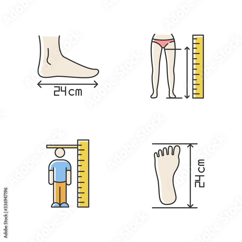 Body measurements RGB color icons set. Inside leg, foot length and human height determination. Bespoke tailoring and shoemaking. Isolated vector illustrations