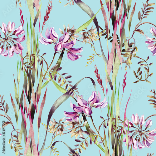Wild Flowers Seamless Pattern. Watercolor Background.