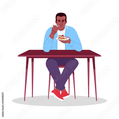 African american guy enjoying cake semi flat RGB color vector illustration. High calorie dessert consumption. Young man eating sweet confection isolated cartoon character on white background