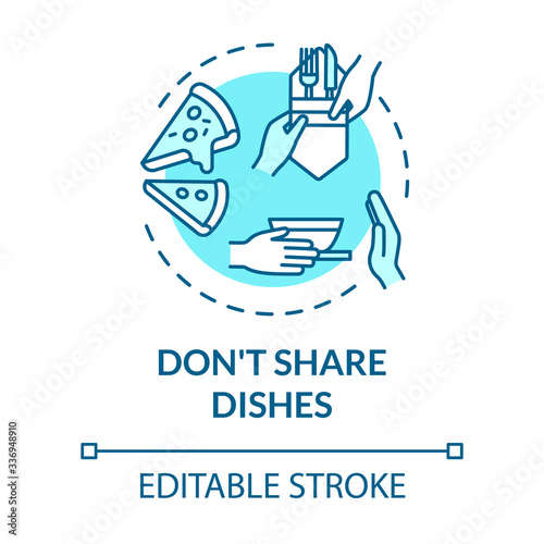 Don't share dishes turquoise concept icon. Use separate plates and tableware. Personal meal. Quarantine idea thin line illustration. Vector isolated outline RGB color drawing. Editable stroke