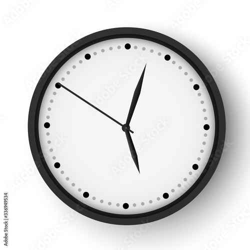 Realistic office wall clock. Black round watch face. Vector alarm modern vector timer