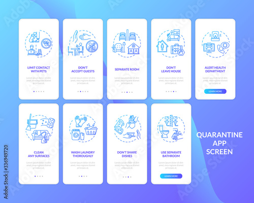 Quarantine, hygiene rules onboarding mobile app page screen with concepts set. Coronavirus prevention walkthrough 5 and 4 steps graphic instructions. UI vector template with RGB color illustrations