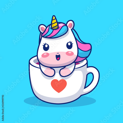 Cute Unicorn On Cup Love Vector Icon Illustration. Unicorn Mascot Cartoon Character. Animal Icon Concept White Isolated. Flat Cartoon Style Suitable for Web Landing Page, Banner, Flyer, Sticker, Card