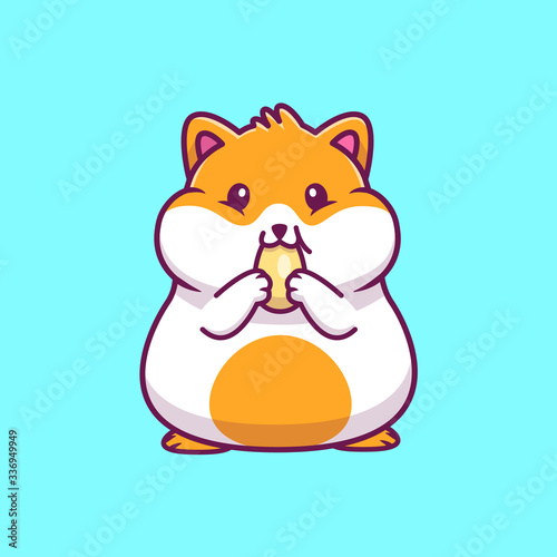 Cute Hamster Eating Vector Icon Illustration. Hamster Mascot Cartoon Character. Animal Icon Concept White Isolated. Flat Cartoon Style Suitable for Web Landing Page, Banner, Flyer, Sticker, Card