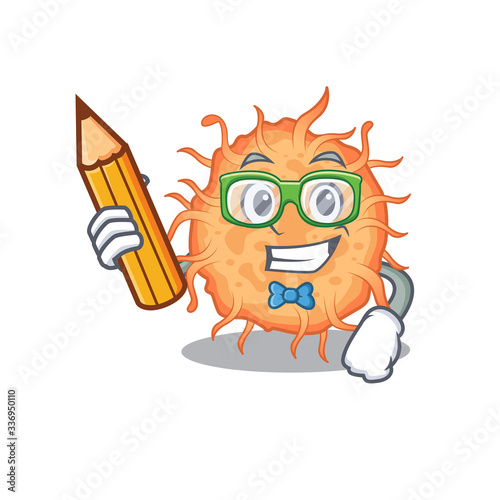 A brainy student bacteria endospore cartoon character with pencil and glasses