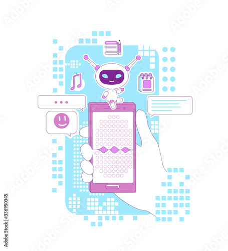 Super bot thin line concept vector illustration. Hand holding smartphone with personal assistant app 2D cartoon character for web design. Chatbot with voice recognition software creative idea