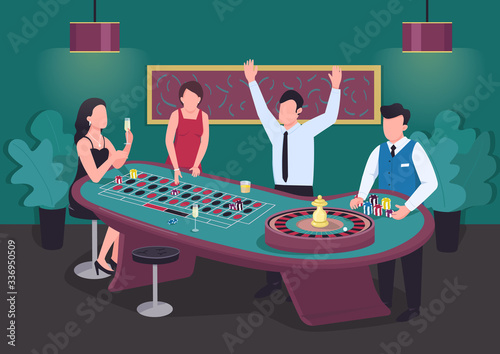 Casino flat color vector illustration. Man win at roulette game. Woman bet on red. Put stake on black. Croupier with chips. Gambler 2D cartoon characters in interior with competitors on background