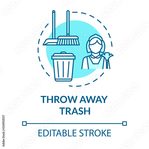 Throw away trash turquoise concept icon. Housework and cleanliness. Put garbage in bin. Housekeeping work idea thin line illustration. Vector isolated outline RGB color drawing. Editable stroke