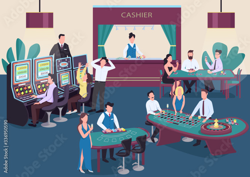 Casino flat color vector illustration. People play poker at table. Man spin roulette wheel. Woman at slot machine. Gambler 2D cartoon characters in interior with cashier on background