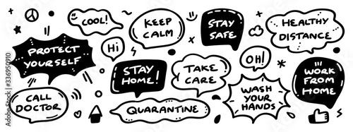 Set of Warning sign sticker, social media stickers , Hand drawn speech bubble for Coronavirus COVID-19 prevention. stay home, work at home, social distancing, stay safe banner design vector.