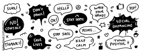 Set of Warning sign sticker, social media stickers , Hand drawn speech bubble for Coronavirus COVID-19 prevention. stay home, work at home, social distancing, stay safe banner design vector.