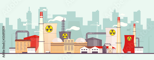Nuclear plant near city flat color vector illustration. Air polluting power station 2D cartoon landscape with cityscape on background. Environment contamination. Dangerous factory emitting toxic smog