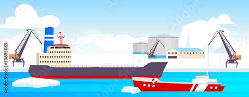 Polar station flat color vector illustration. Arctic port 2D cartoon landscape with glaciers on background. North pole resources mining facility. Industrial site with tankers, freight ships