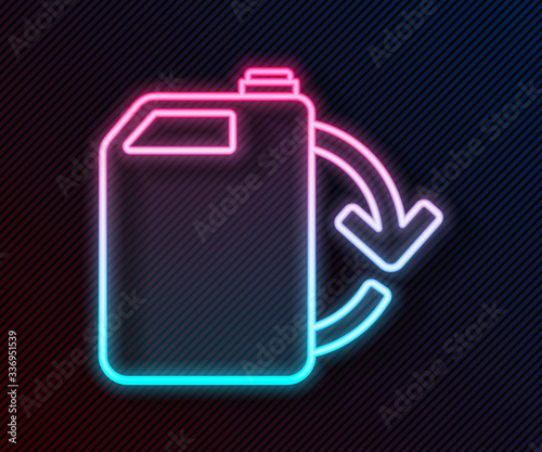 Glowing neon line Eco fuel canister icon isolated on black background. Eco bio and barrel. Green environment and recycle. Vector Illustration