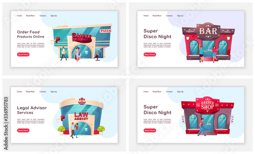 Shop front landing page flat color vector template set. Food delivery homepage layout. Law agency one page website interface with cartoon illustration. Nightclub web banner, webpage
