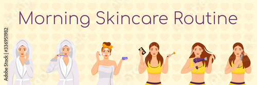 Woman morning skincare routine flat color vector characters set. Face and hair daily procedures isolated cartoon illustrations on white background. Girl cleansing face, doing make up, styling hair