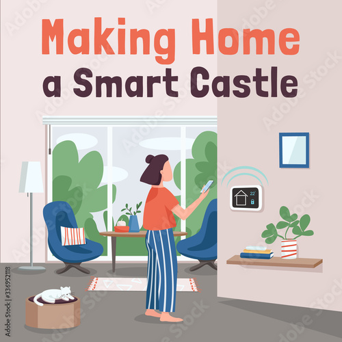 House automation social media post mockup. Making home a smart castle phrase. Web banner design template. IOT booster, content layout with inscription. Poster, print ads and flat illustration