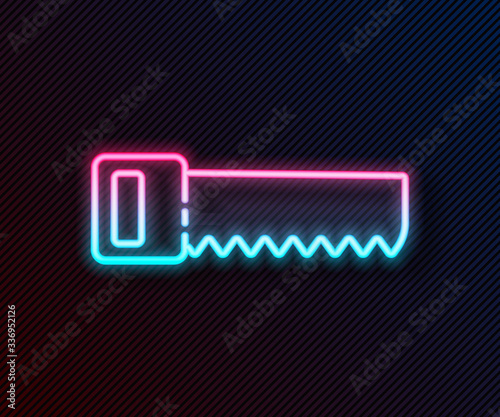 Glowing neon line Hand saw icon isolated on black background. Vector Illustration