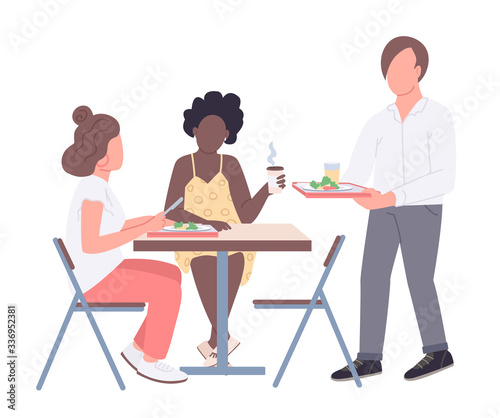 College friends flat color vector faceless characters. Teenagers on lunch break in cafeteria isolated cartoon illustration for web graphic design and animation. Student lifestyle, communication