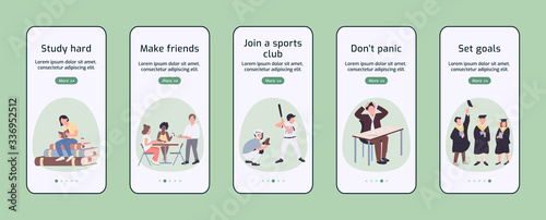 Student experience onboarding mobile app screen flat vector template. College lifestyle advices walkthrough website steps with characters. UX, UI, GUI smartphone cartoon interface, case prints set