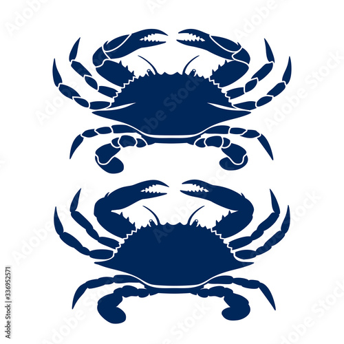 Blue Crab on white background. Clean, modern vector logo design, symbol or icon in simple flat style. Silhouette of crab. Vector illustration.
