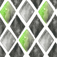 Canvas schilderij Ruiten patronen Aquarel ruiten zwart groen grijs  © lipchania