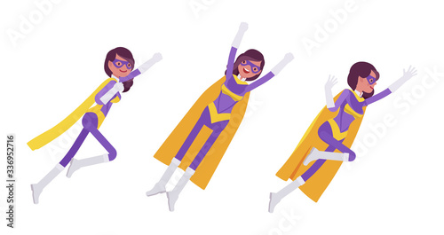 Female super hero in attractive costume flying pose. Effective wonder warrior, superpower sexy woman with superior combat and battle skills, extraordinary lady. Vector flat style cartoon illustration