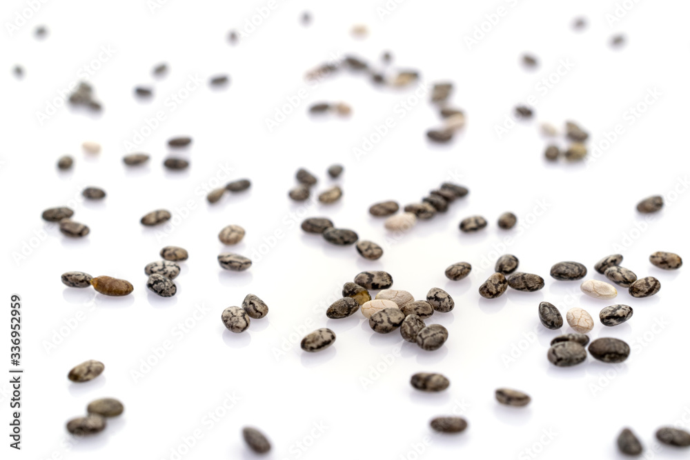 Healthy grains organic Chia Seeds background. Pile nutrition food isolated on white. dieting and detoxication concept with mineral nutrients. Macro close-up shot. Healthy grains organic Chia Seeds background. Pile nutrition food isolated on white. dieting and detoxication concept with mineral nutrients. Macro close-up shot.