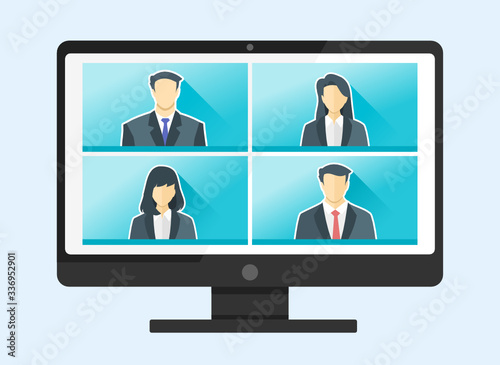 4 Panels Online Virtual Remote Meetings, PC TV Video Web Conference Teleconference. Company CEO President Authorities Executive Manager Boss Employee Team Work Learn From Home WFH Live Stream Webinars
