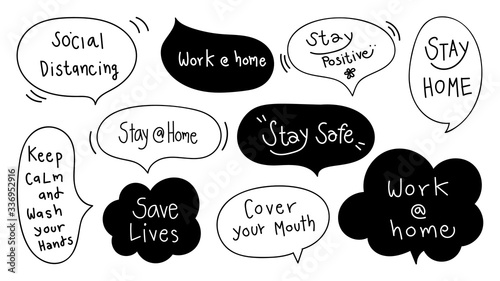 Set of Warning sign sticker, social media stickers , Hand drawn speech bubble for Coronavirus COVID-19 prevention. stay home, work at home, social distancing, stay safe banner design vector.