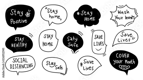 Set of Warning sign sticker, social media stickers , Hand drawn speech bubble for Coronavirus COVID-19 prevention. stay home, work at home, social distancing, stay safe banner design vector.