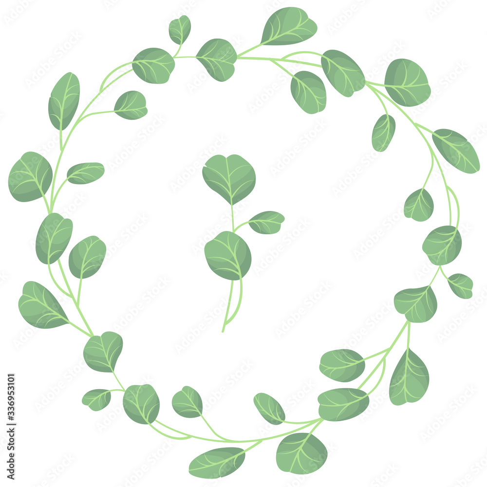Eucaliptys wreath; round frame with eucaliptys for greeting cards, invitations, wedding cards, posters, banners, web design.