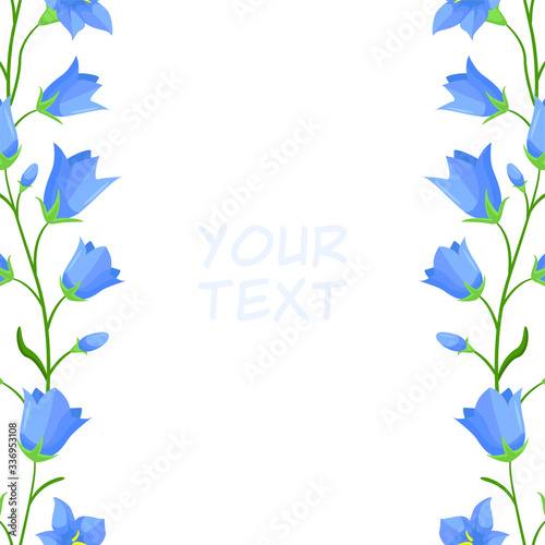 Vector bellflower twigs borders; frame with bellflowers for greeting cards, invitations, wedding cards, posters, banners, web design.