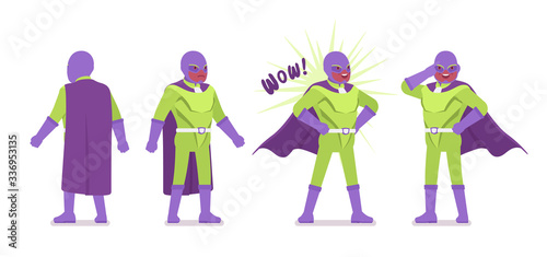 Male super hero in bright costume. Heroic strong brave warrior, superpower man with superior combat and battle skills, successful extraordinary guy. Vector flat style cartoon illustration