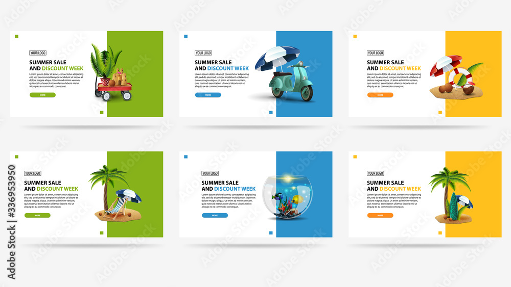 Summer sale and discount week, set modern discount banners in minimalistic design with buttons and summer illustrations Summer sale and discount week, set modern discount banners in minimalistic design with buttons and summer illustrations