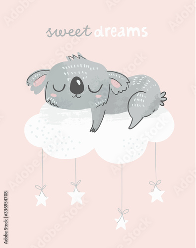 Cute koala sleeping on a cloud with phrase Sweet dreams. Adorable koala bear illustration for baby shower, nursery, kids room poster, wall art, card, invitaton. 