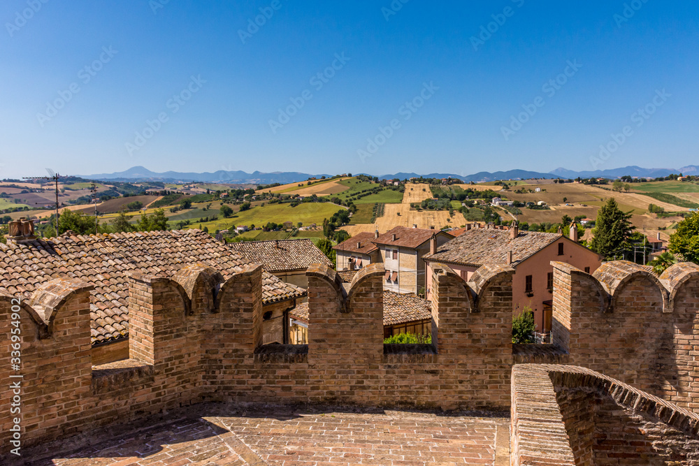 Looking out to the surrounding countryside of Corinaldo, Le Marche, Italy, near Senigallia, on a beautiful sunny, summer morning