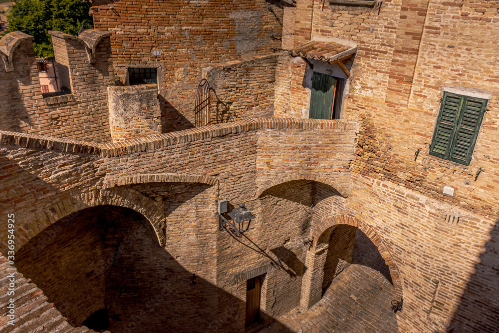 The medieval arches and stairways of Corinaldo city walls, Le Marche, Italy, near Senigallia