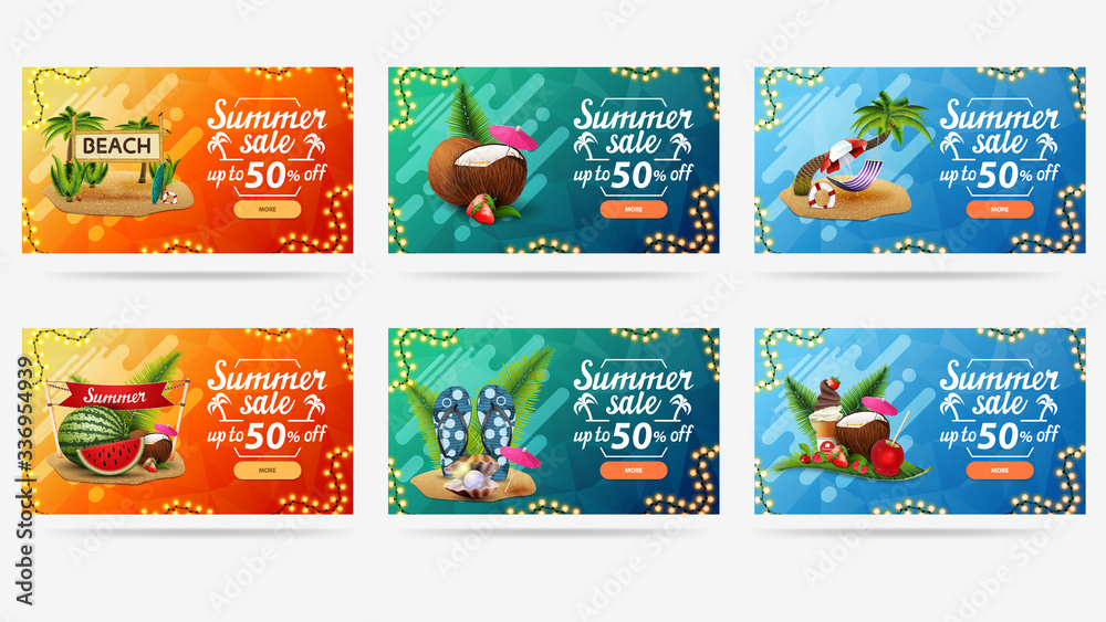 Fototapeta premium Orange, blue and green summer discount template with liquid abstract shapes, garlands of frame and summer illustrations for your website. Discount banners, large collections for your business