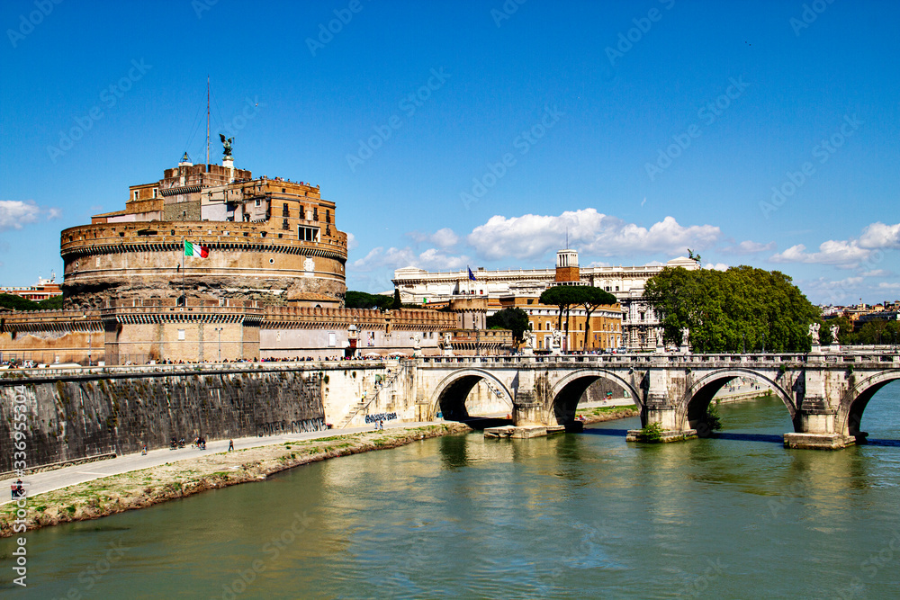 Castle St Angelo and view of Bridge on Tiber River, built by Emperor Hadrian