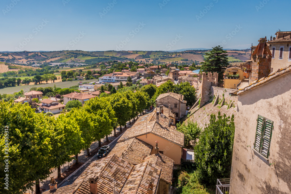 Looking out to the surrounding countryside of Corinaldo, Le Marche, Italy, near Senigallia, on a beautiful sunny, summer morning