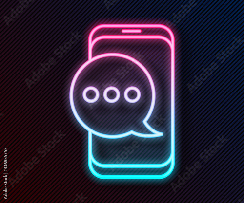 Glowing neon line New chat messages notification on phone icon isolated on black background. Smartphone chatting sms messages speech bubbles. Vector Illustration