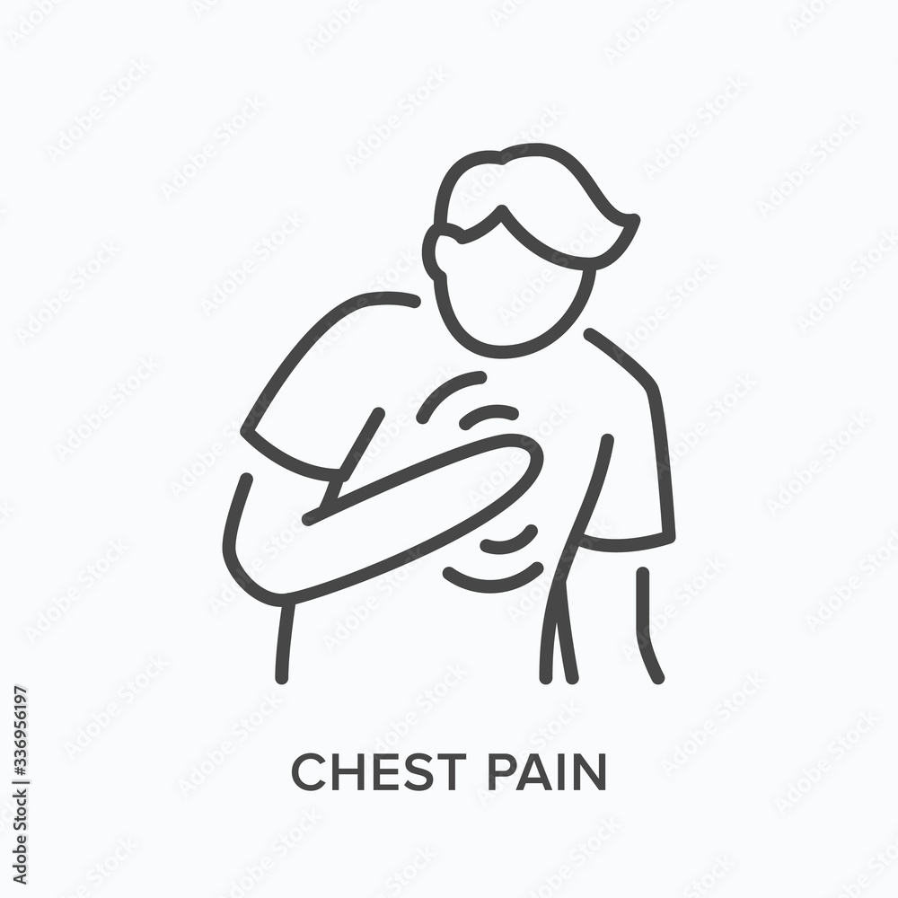 Heartbrake line icon. Vector outline illustration showing person with pain in the chest. Image illustrate heartburn
