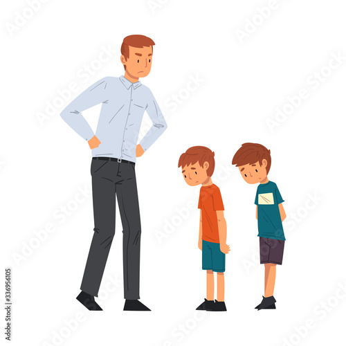 Angry Father Scolding His Naughty Sons, Relationships Between Kids and Parent Vector Illustration