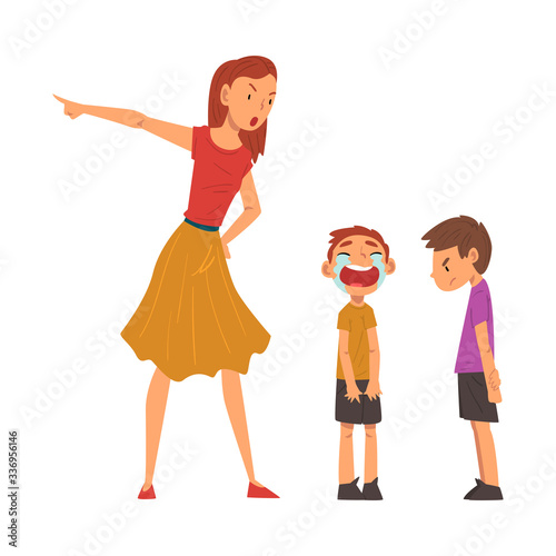 Angry Mother Scolding Her Naughty Sons, Relationships Between Kids and Parent, One Boy Crying Bitterly Vector Illustration