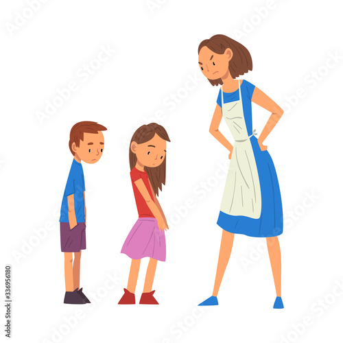 Angry Mother Scolding Her Naughty Son and Daughter, Relationships Between Kids and Parents Vector Illustration