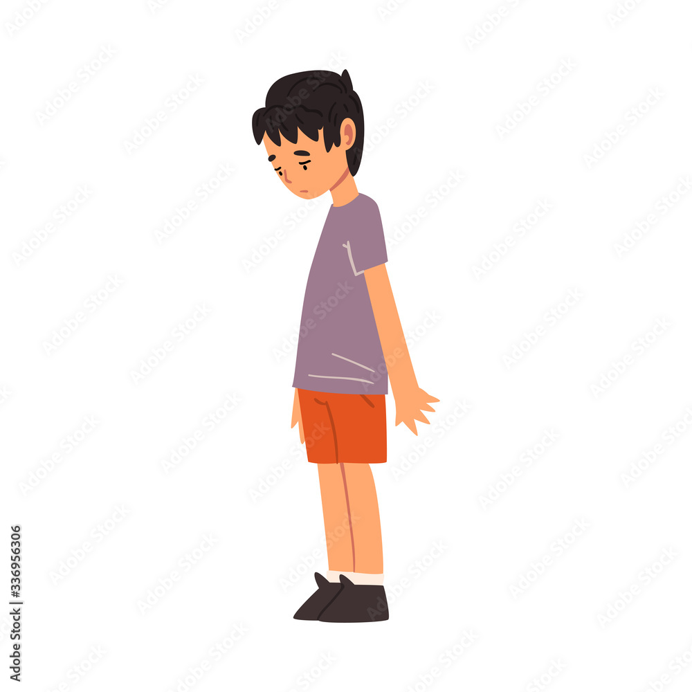 Cute Unhappy Boy, Sad Child in Shorts and Tshirt Vector Illustration Cute Unhappy Boy, Sad Child in Shorts and Tshirt Vector Illustration