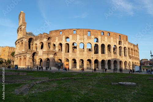 Exterior view of the Colosseum. Located in Rome, Colosseum is the main tourist attraction of the city.